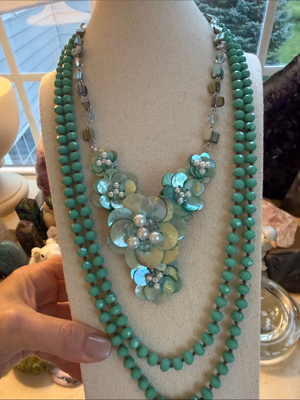 Turquoise Floral Statement Necklace with Beaded Strands
